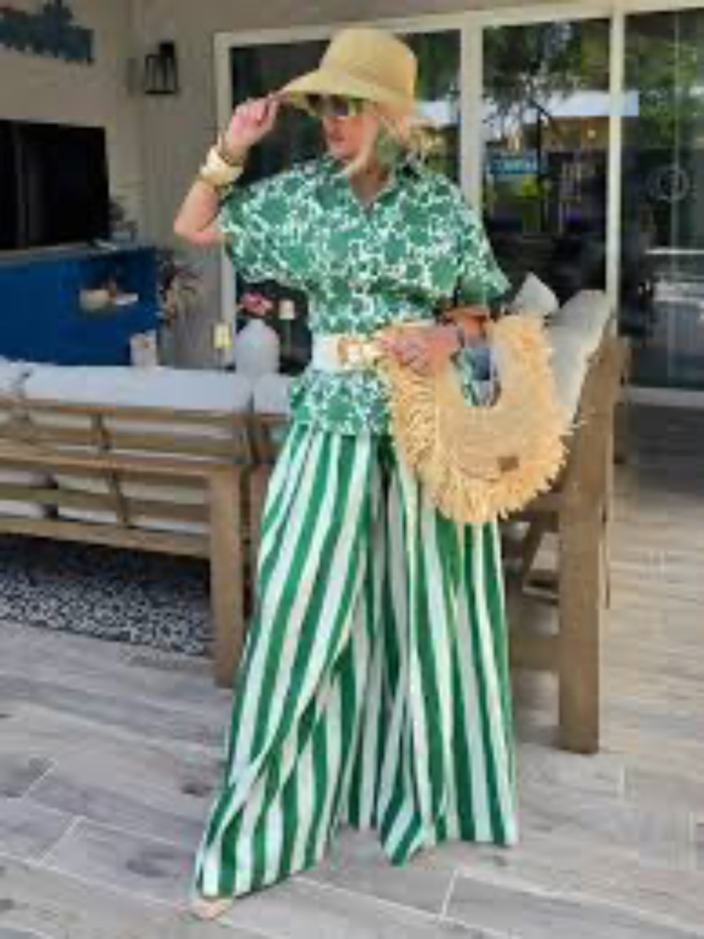 Alice + Olivia Samara Linen Pant Painted Stripe Emerald size 4 - Picture 7 of 15